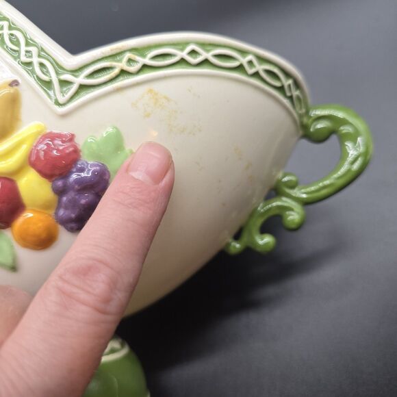 Vintage Porcelain Double Handle Jardiniere Planter Fruit MCM Footed - Picture 11 of 16
